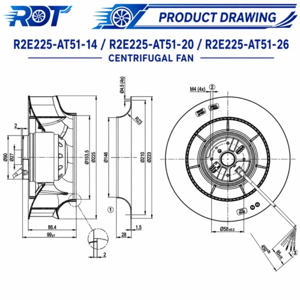 Centrifugal Fan, R2E225-AT51-26, 230V, 225mm, 150W - view 3