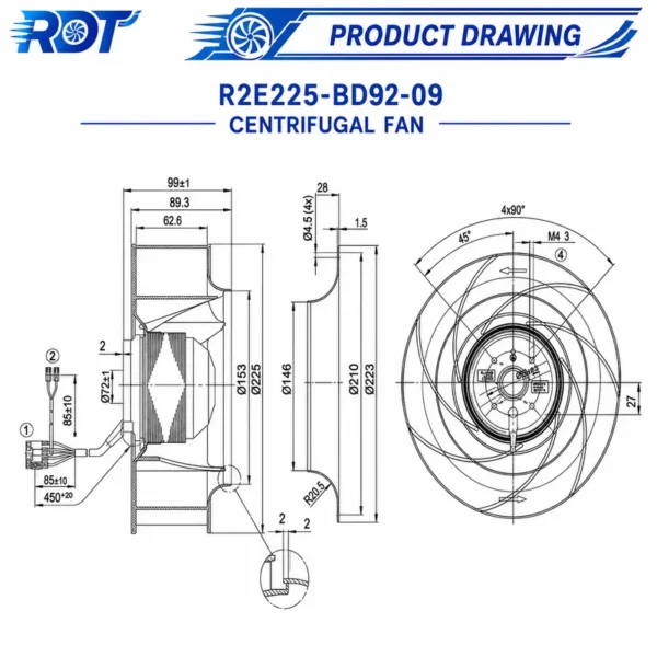 Centrifugal Fan, R2E225-BD92-09, 230V, 225mm, Inverter - view 3