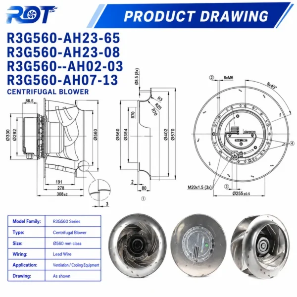 Centrifugal Fan, R3G560-AH02-03, 380V, 3000W, 560mm - view 2