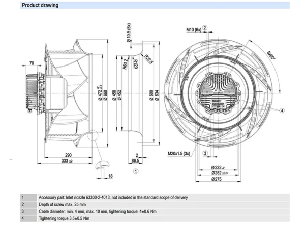 Centrifugal Fan, R3G630-RB21-01, 2700W, 725Pa, IP54 - view 4