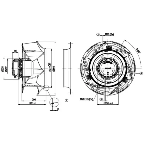 Centrifugal Fan, R3G630-RB32-03, 630mm, 400V, 3600W - view 5