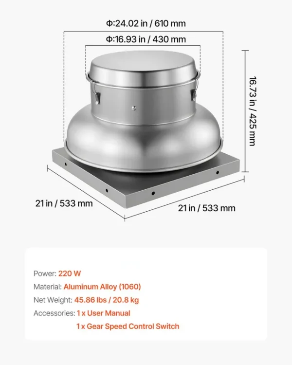 Compact Roof Exhaust Fan, 21inch, DC Power Supply - view 6