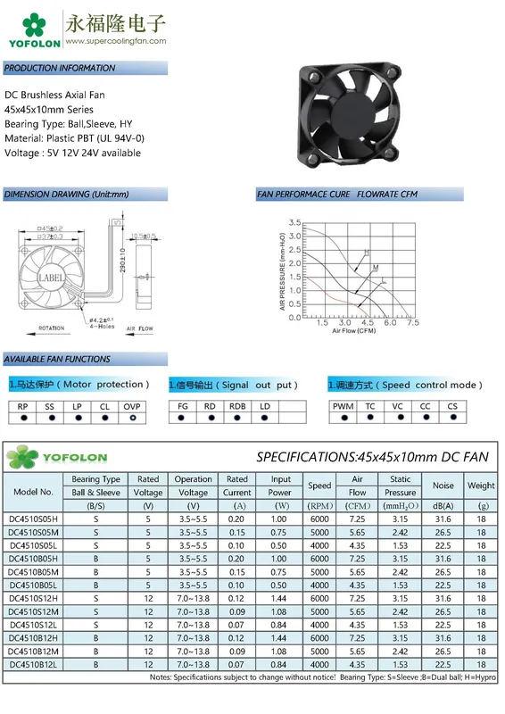 Cooling Fan, 45x45x10mm, 6000RPM, 4510, Axial - view 6