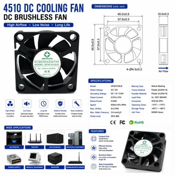 Cooling Fan, 45X45X10mm, Brushless, Axial - view 4
