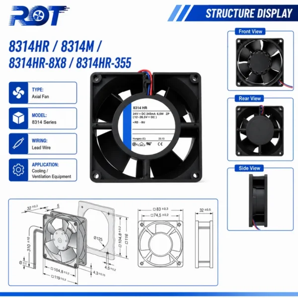Cooling Fan, Brushless, 8314HR-355, 6W, 24V - view 2