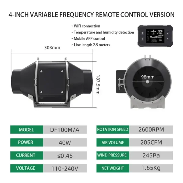 Diagonal Flow Duct Fan, HVAC, 110V-240V, 25W, 50W - view 3