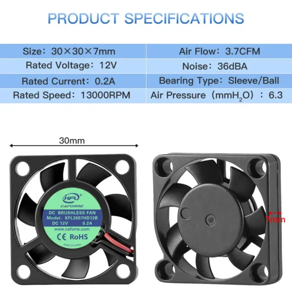 Duct Axial Fan, 30X30X7mm, Brushless, PWM, Plastic - view 2