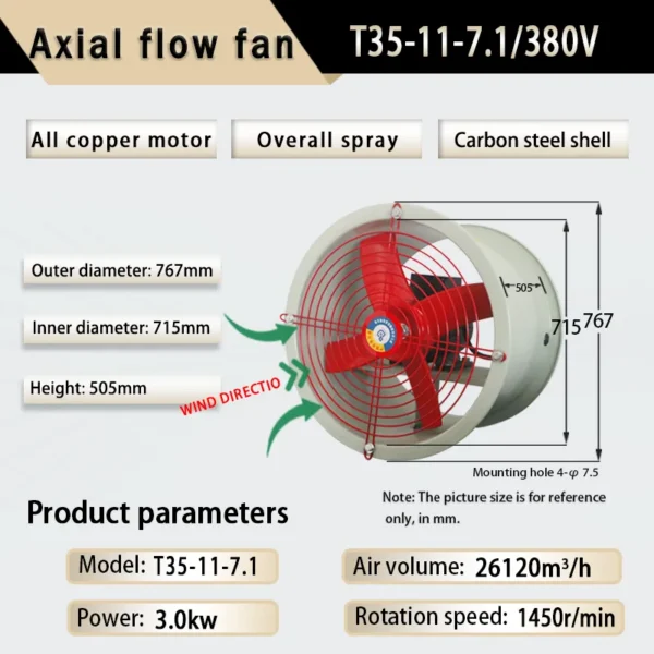 Duct Axial Fan, T35-11-7.1, 3kW, 380V, Cast - view 6