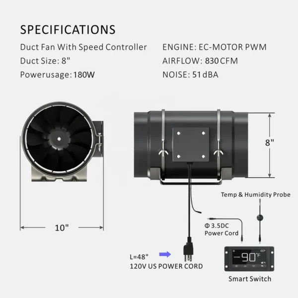 Duct Fan, 830, CFM, Aluminum - view 3