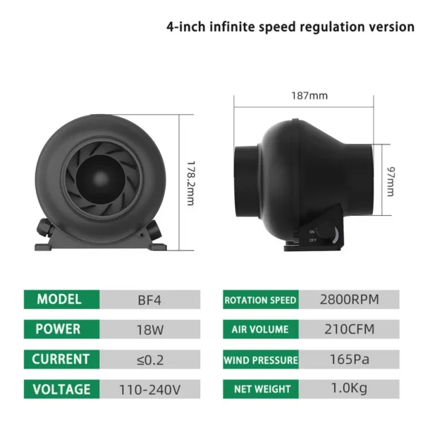 Duct Fan, Plastic, 100-240V, 210 CFM - view 2