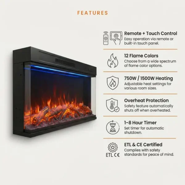 Electric Fireplace, 3-Sided, LED, 750W, 1500W - view 4