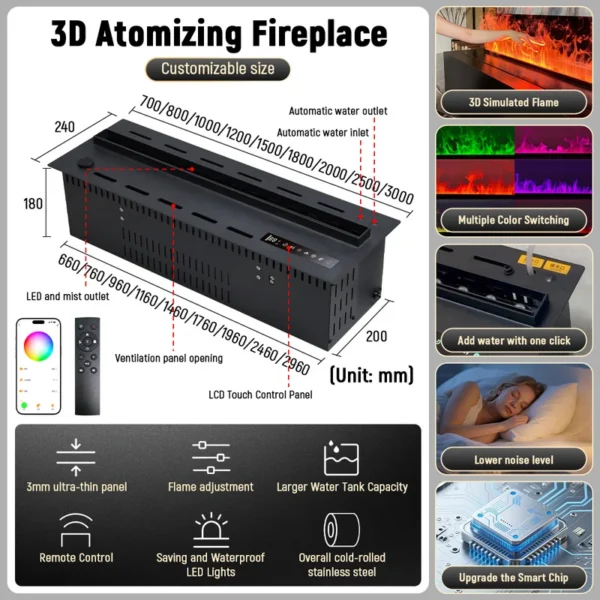 Electric Fireplace, 3D, 750 W, Metal - view 3