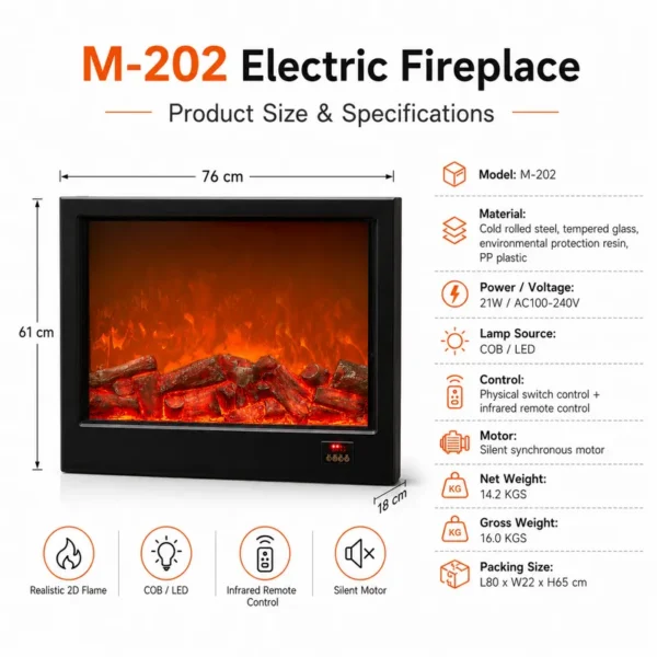 Electric Fireplace, LED, 110~240V 50Hz 1500w, Metal - view 3
