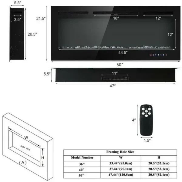 Electric Fireplace, Wall, 1500 W, Metal - view 4