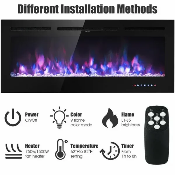 Electric Fireplace, Wall, 1500 W, Metal - view 5