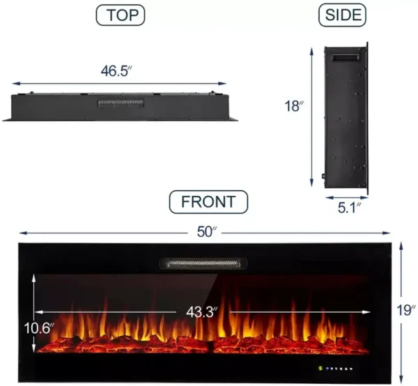 Electric Fireplace, Wall, 750~1500W, Steel+Glass - view 4