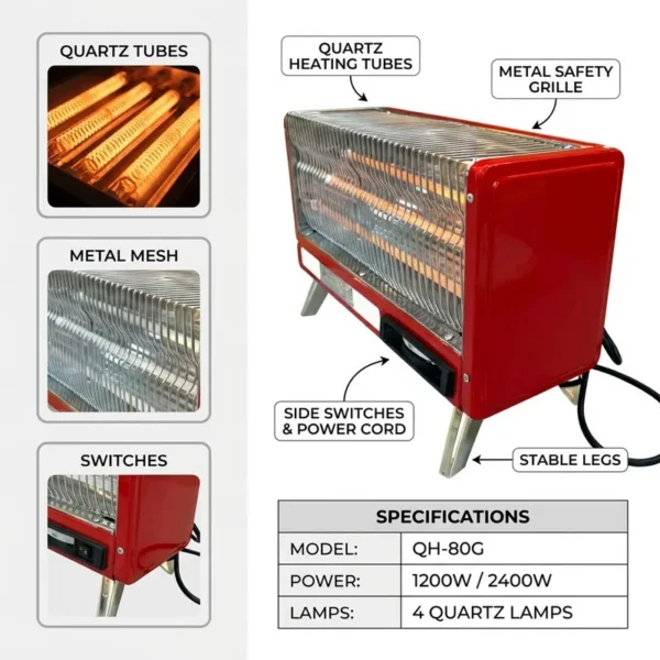 Electric Quartz Heater, 220, 1200W/2400W, Waterproof - view 3