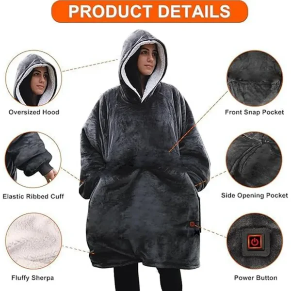 Electric Wearable Hooded Blanket, USB, flannel & sherpa - view 3