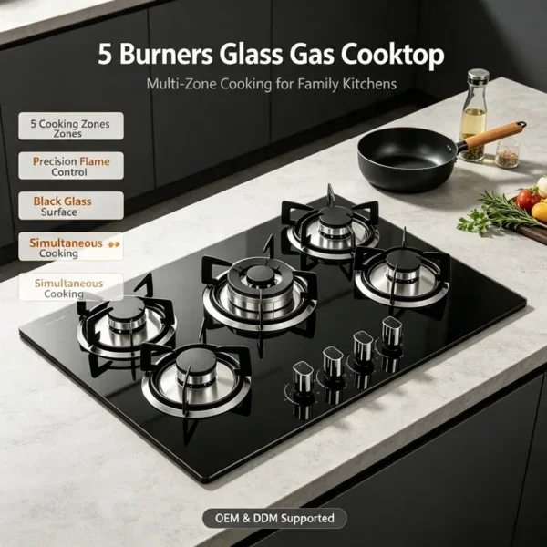 Embedded Five-burner Gas Stove, 3200-4000W, Liquefied gas