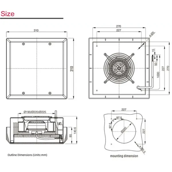 Exhaust Roof Mounted Fan, 310*310*140.6mm, 230 V, Plastic - view 3