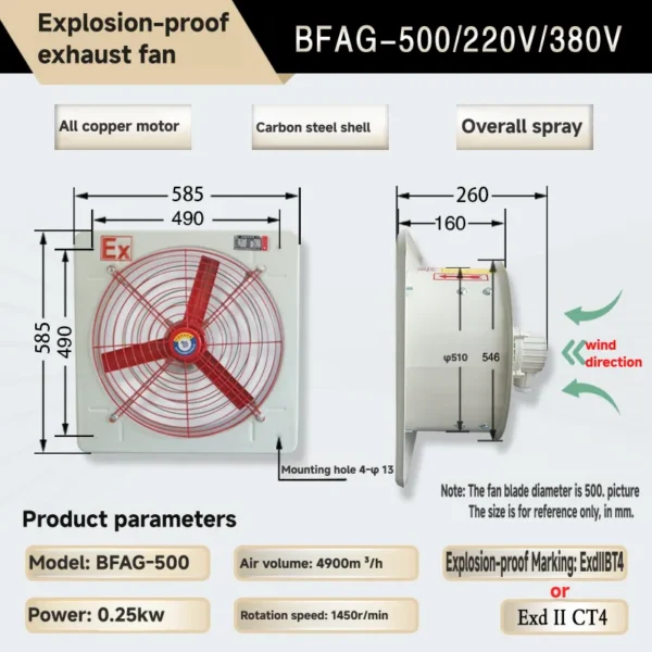 Explosion-proof Axial Exhaust Fan, BFAG-500, 220V/380V - view 6