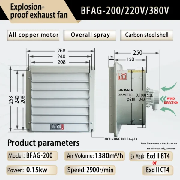 Explosion-proof Exhaust Fan, Aluminum, BFAG-200, 0.15kW, 2900 - view 6