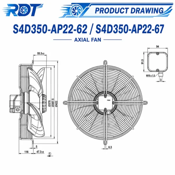 High Performance Fan, S4D350-AP22-62, 265-460V, 350mm - view 3