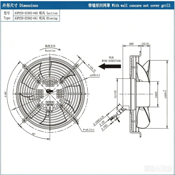Industrial Exhaust Fan, A3P250-EC092-040, 220V, 50/60Hz - view 4