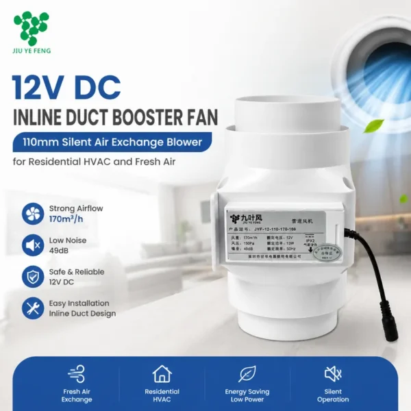 Inline Duct Booster Fan, 12V, Plastic, 110mm, HVAC