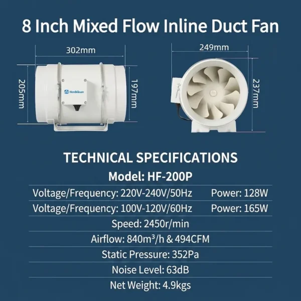 Inline Duct Fan, 100V, 220V, 8'' - view 2