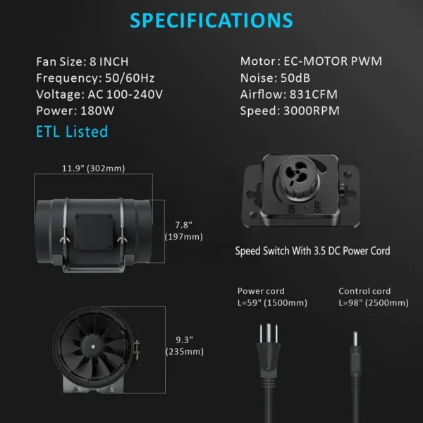 Inline Duct Fan, 200mm, 1412, m3/h, PWM - view 5