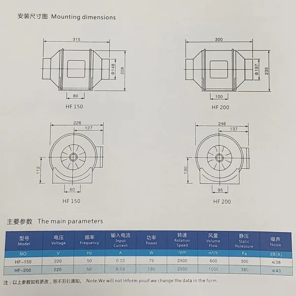 Inline Duct Fan, 220V, 130W, 200mm, 1000m3/h - view 6