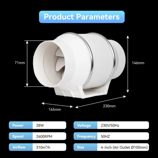 Inline Duct Fan, 45w, 2600rpm, Abs, Plastic - view 4