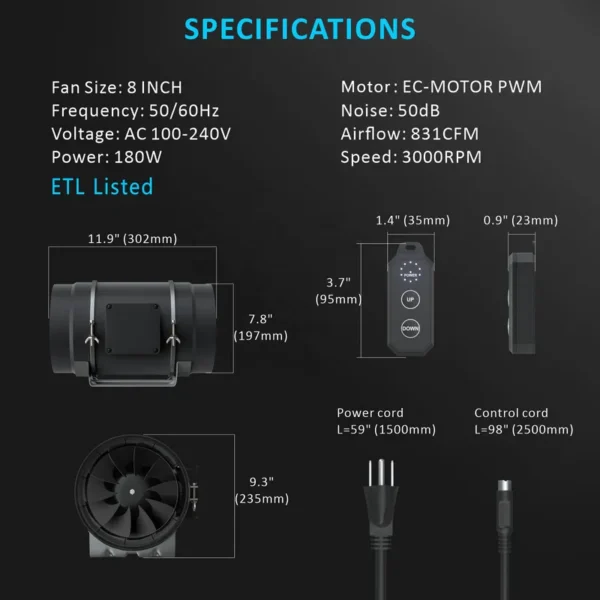 Inline Duct Fan, 831, CFM, 10-Speed, PWM - view 5