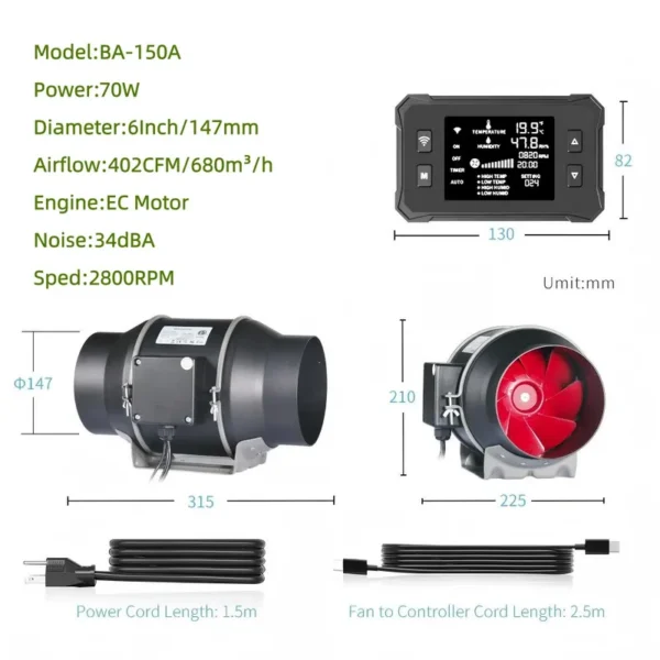 Inline Duct Fan, BAVAGREEN, APP, 150mm, 34dBA - view 2