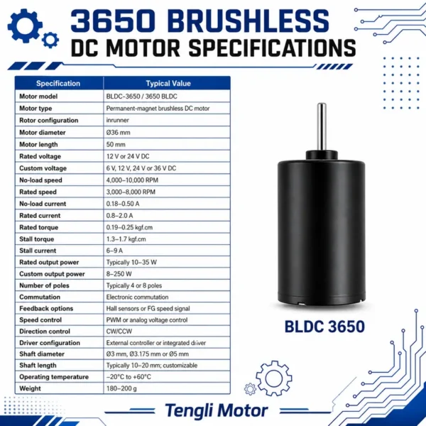 Inrunner Bldc Motor, 24V, 3650, PWM, 36mm