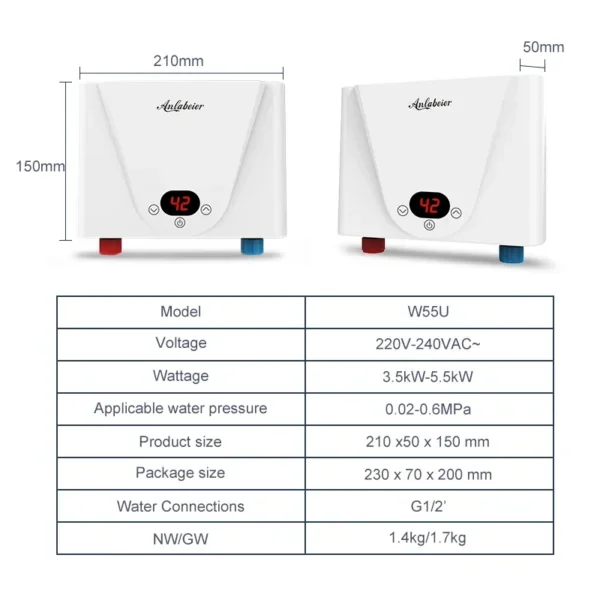 Instant Electric Heater, 3.5KW, IPx4, Waterproof, LED - view 2