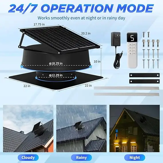 Mounted Exhaust Vent Fan, Solar, Brushless, Roof - view 4
