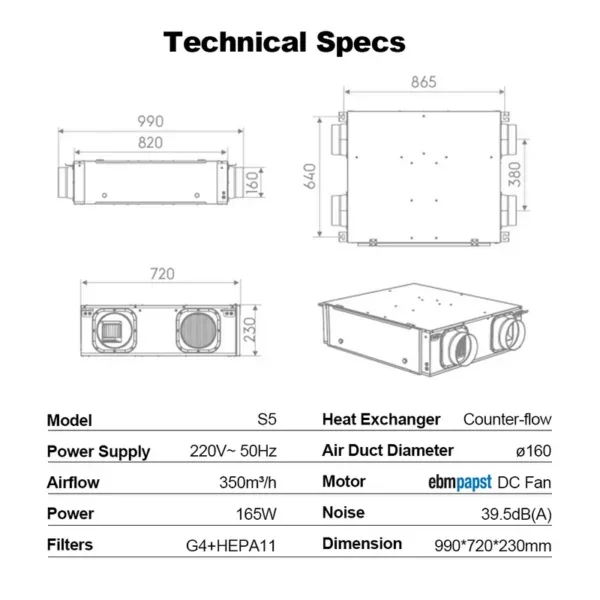 Mounted Heat Recovery Ventilator, S5, ERV, 350m³/h, Ceiling - view 6