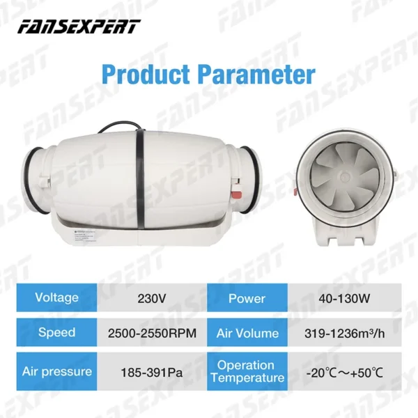 Plastic Duct Fan, 2550RPM, 230V, 130W, HVAC - view 6