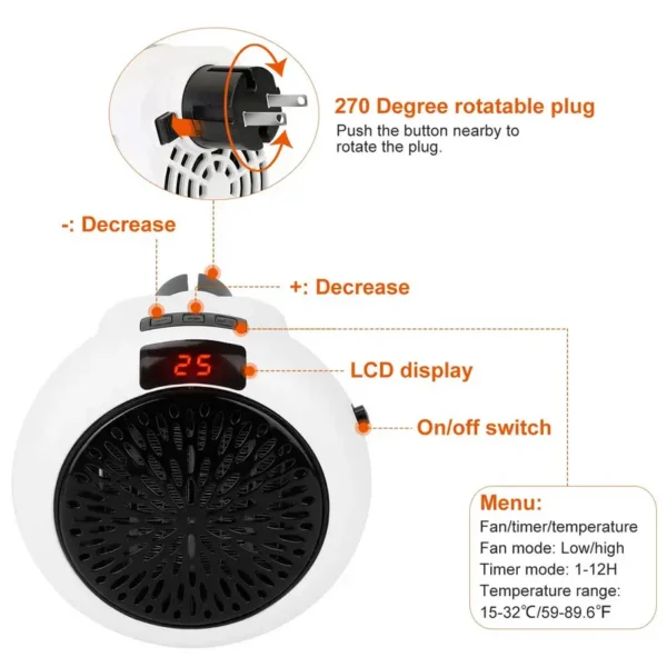 Portable Electric Heater, 900W, Wall - view 5