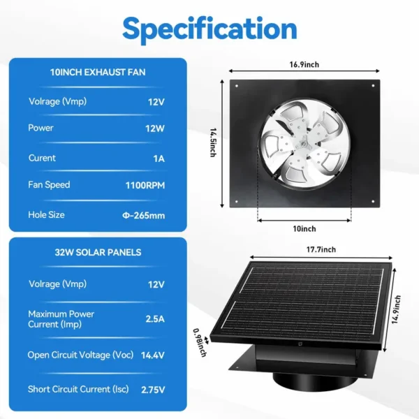 Powered Roof Exhaust Fan, Brushless, Solar, 25W, Cast - view 6