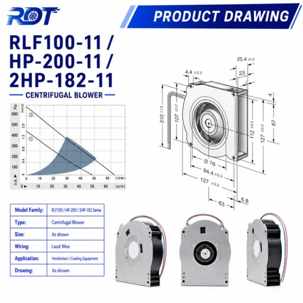 Radial Heating Blower, RLFHP-200-11, 12V, 80m3/h - view 2