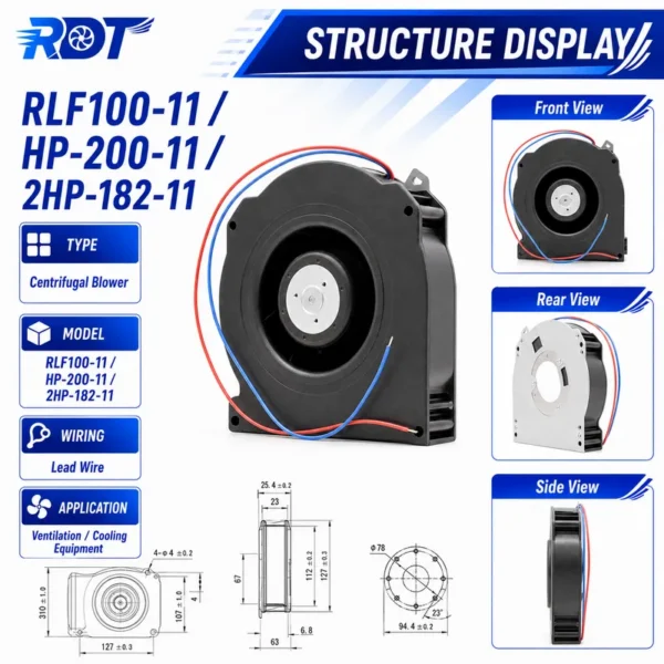 Radial Heating Blower, RLFHP-200-11, 12V, 80m3/h - view 3
