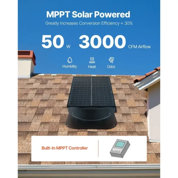 Roof Attic Exhaust Fan, 50W, Solar, 3000, CFM - view 2