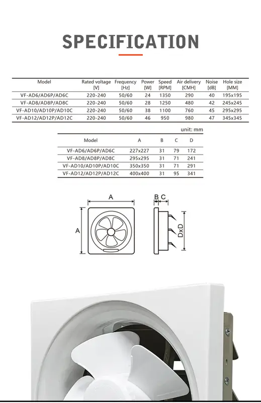 Shutter Wall Exhaust Fan, ANGEGA, VF-AD6/8/10/12 - view 3