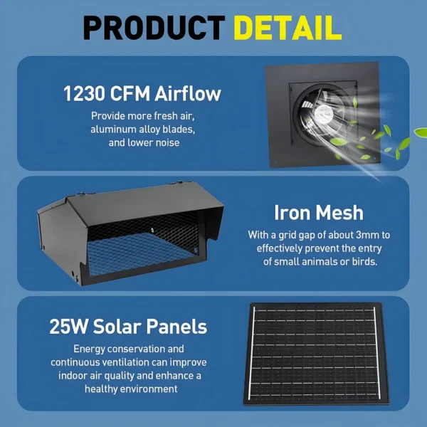 Solar Attic Ventilation Fan, 25W, Roof, Plastic - view 6
