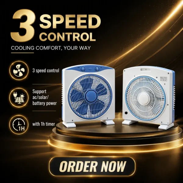 Solar Powered Box Fan, Portable, Electric, Plastic