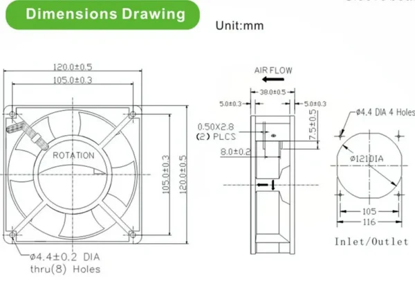 Speed Axial Cooling Fan, AC12038, 120*120*38mm, 27mm, 220V - view 4