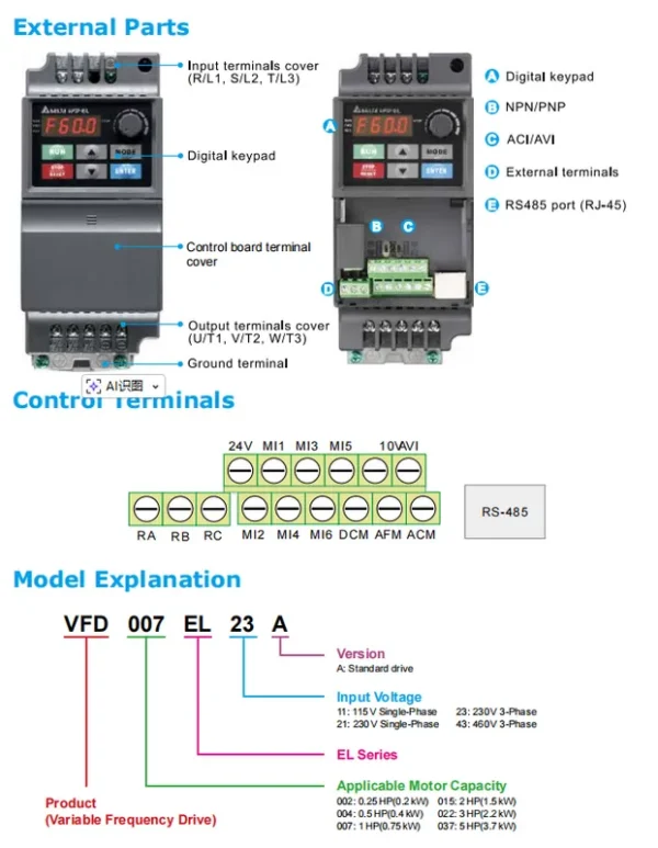 Speed Controllers Regulators, VFD015EL21A, VFD-EL, 2HP, 230V - view 2